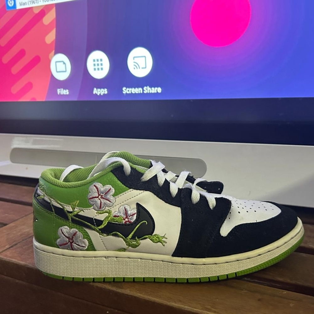 Nike's Sneakers - Black, White, Green with Floral Design